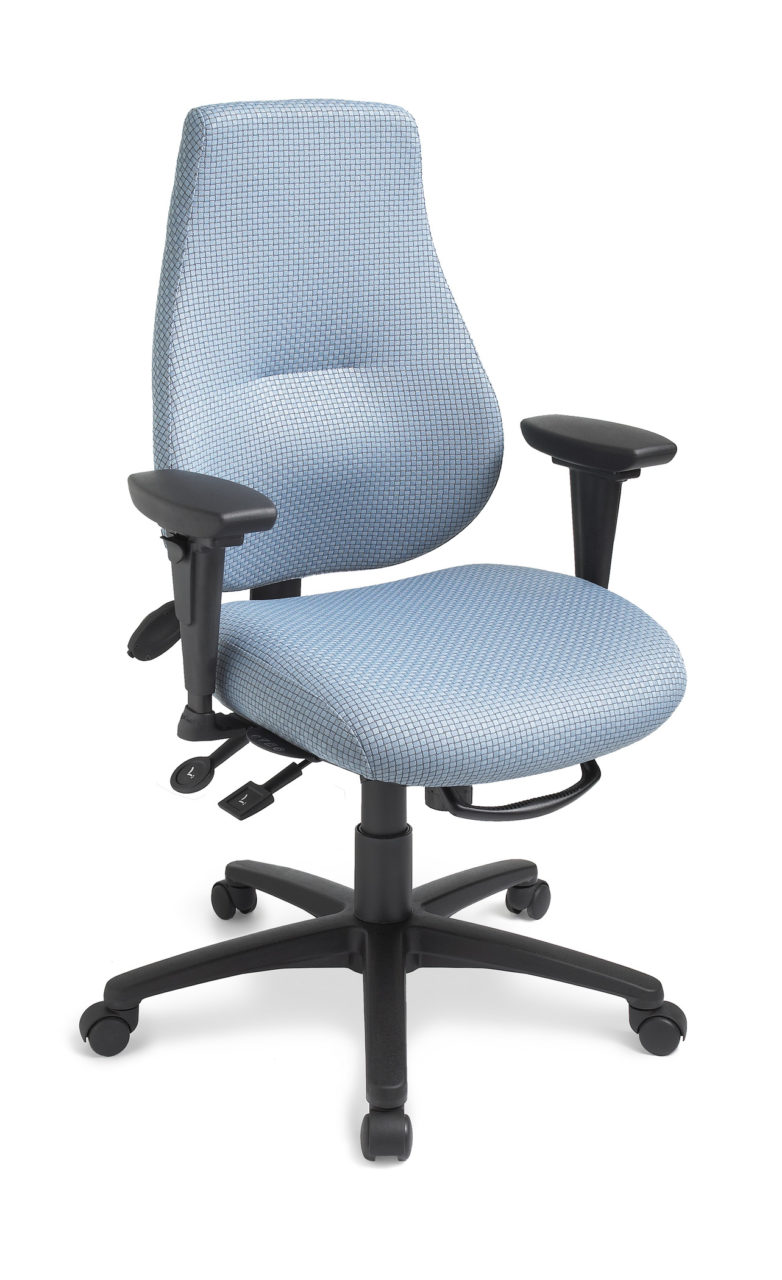 myCentric office chair from ergoCentric. Beige. Equipped with Multi Tilt Mechanism, 4” Height Adjustable T-Arm, Black Base, Arms, and Casters.