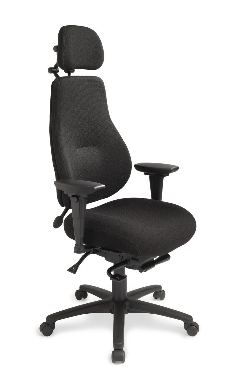 myCentric office chair from ergoCentric. Beige. Equipped with Multi Tilt Mechanism, 4” Height Adjustable T-Arm, Black Base, Arms, and Casters.
